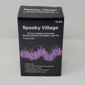 Spooky Village Sparkle LED Purple Spider‎ Light Set 20 Count Battery Operated